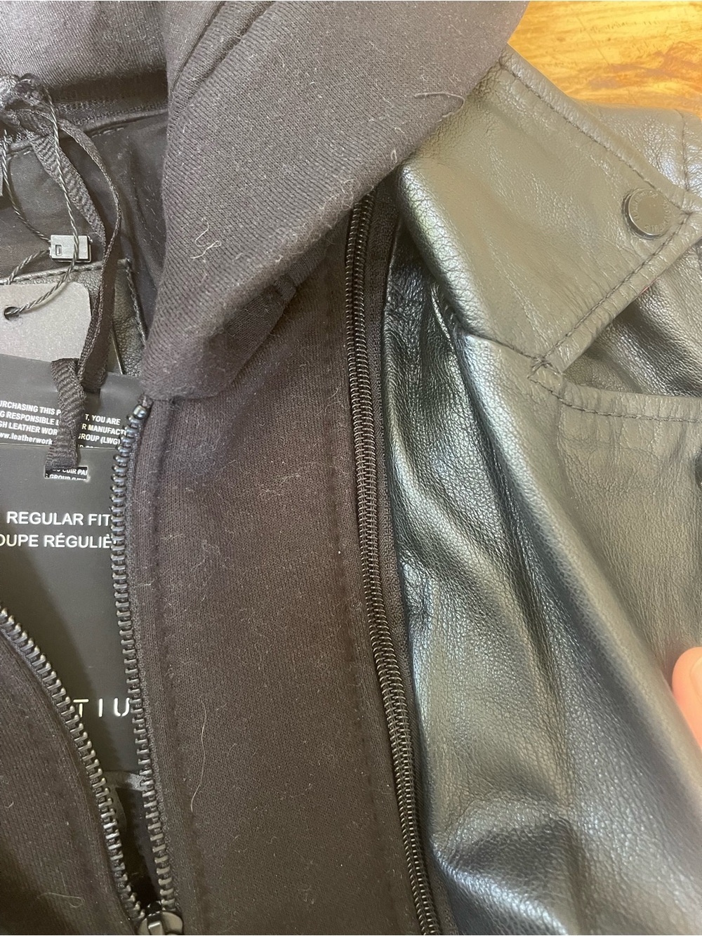 Mauritius Brand- Black Leather Zip-Front Jacket with Black Hooded Insert - Picture 7 of 9
